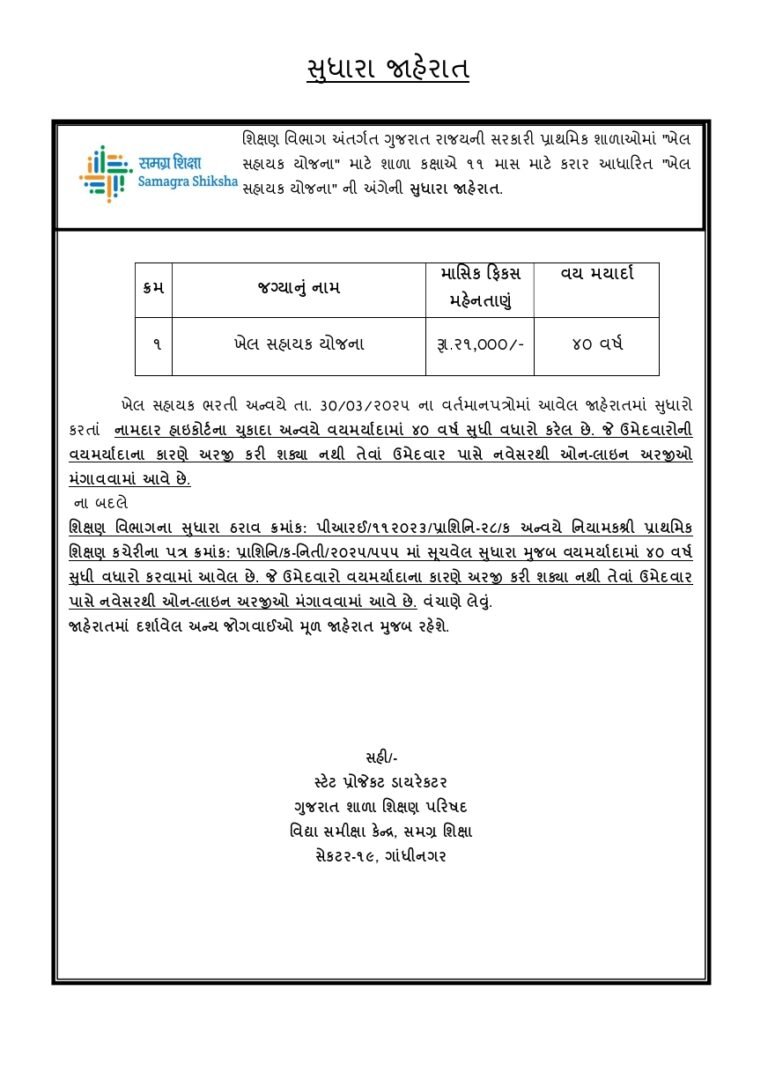 Khel Sahayak bharti 2025 @khelsahayak.ssgujarat.org